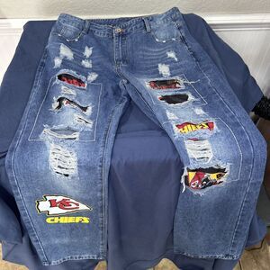 Kansas City Chiefs Blue Jeans Womens NFL Football Distressed Patchwork Mid Waist